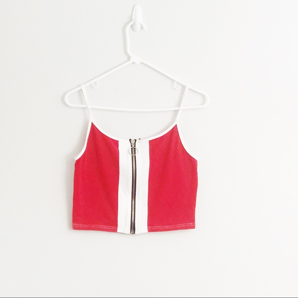 Shein Red and White Crop Top With Circle Zipper